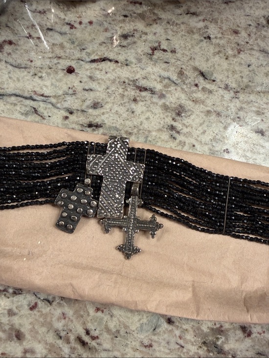 Jewelry - Multi-Strand Black stones with sterling silver Cross Charms
